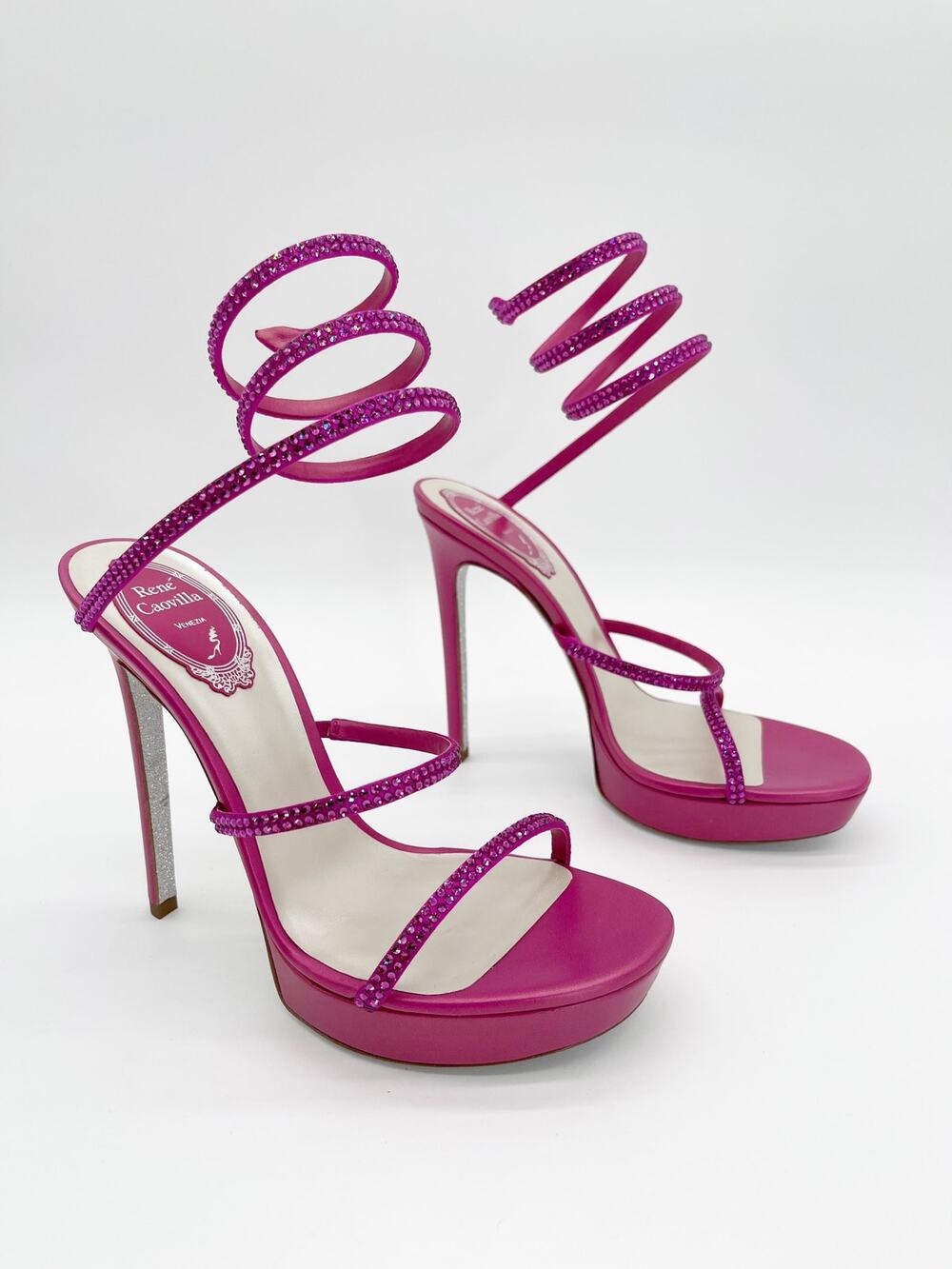 Rene Caovilla Cleo Fuchsia Crystal Ankle Wrap Platform Sandals Heels IT 38